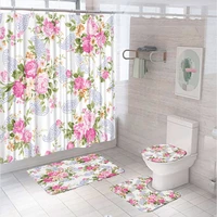 watercolor pink flower spring shower curtain set paisley green leaves plant floral bath mat carpet toilet rug for bathroom decor