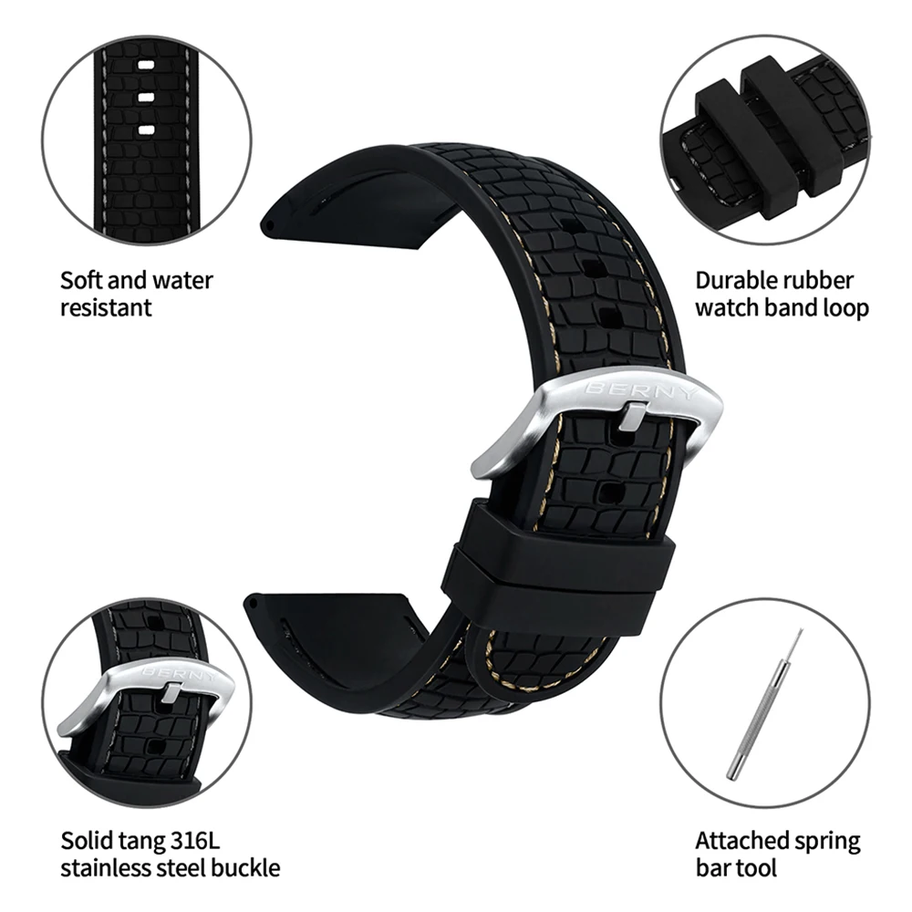 BERNY 22mm Silicon Watch Bands Soft Waterproof Replacement Stainless Steel Buckle 24mm Rubber Straps Watch for Men Accessories