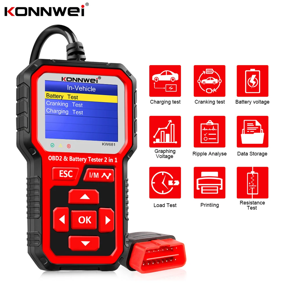 Тестер автомобильного аккумулятора KONNWEI, 12 В, автоматический анализатор OBD2, сканер, автомобильный KW681, инструмент для ремонта импульсного заряда автомобильных аккумуляторов