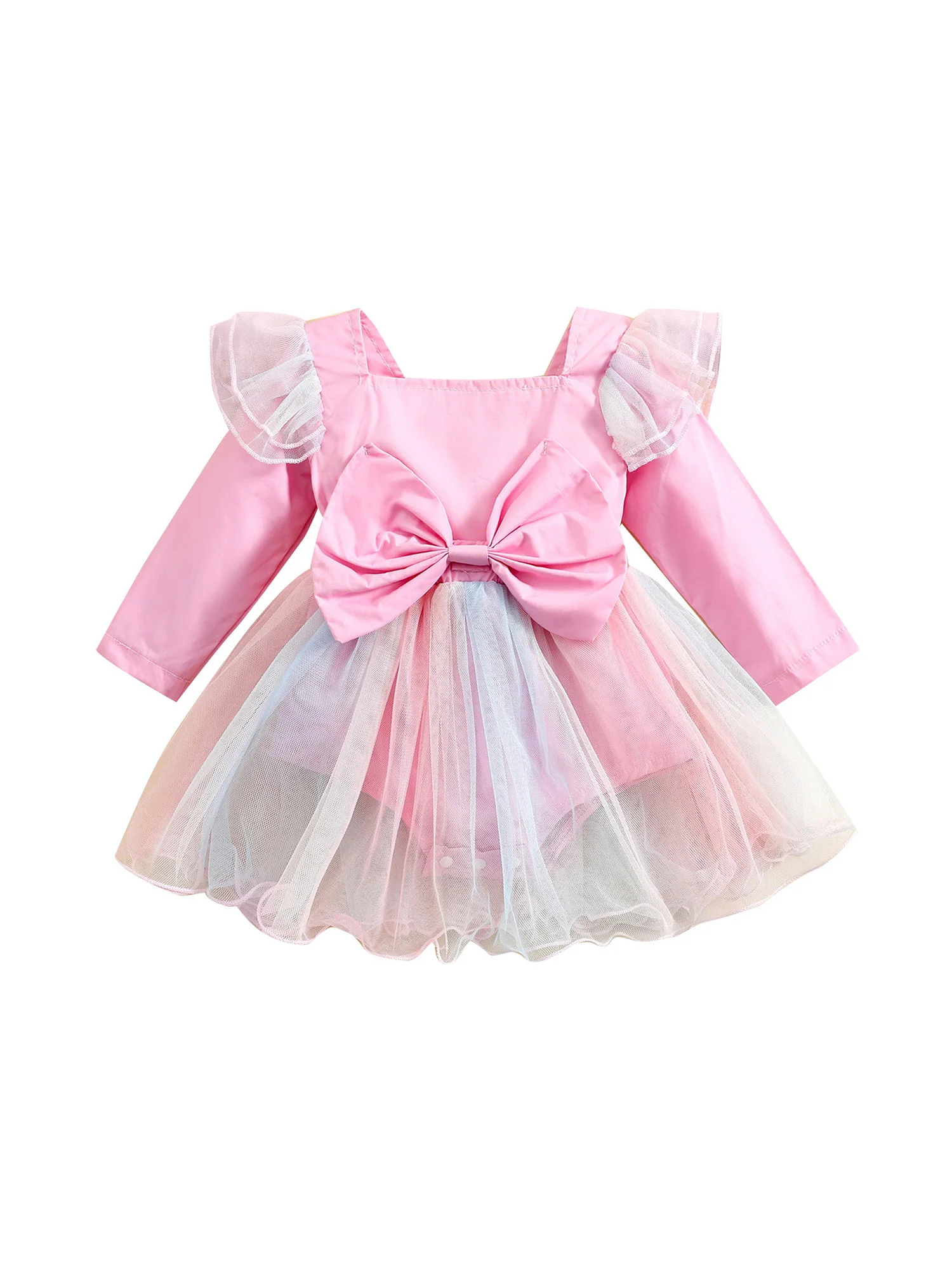 

0-24M Baby Girls Princess Romper Long Sleeve Square Neck Bowknot Tulle Patchwork Dress for Daily Party