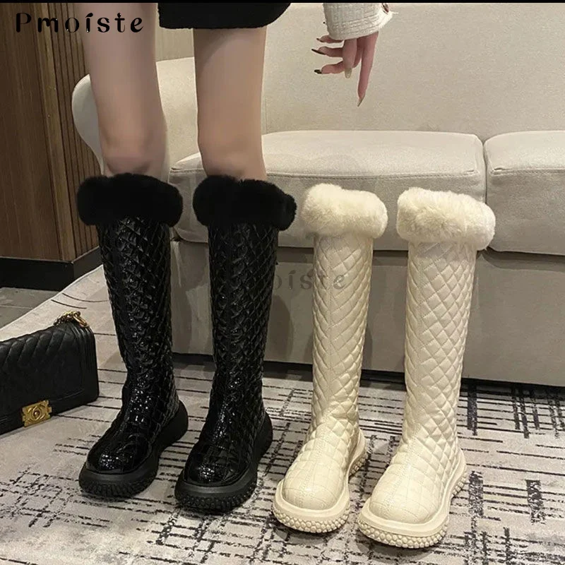 Women Knee High Boots White Gingham Fashion Thick-Sole Mid-Culf Boots for Female Sexy Warm Plush Slip On Women Short Boot Winter