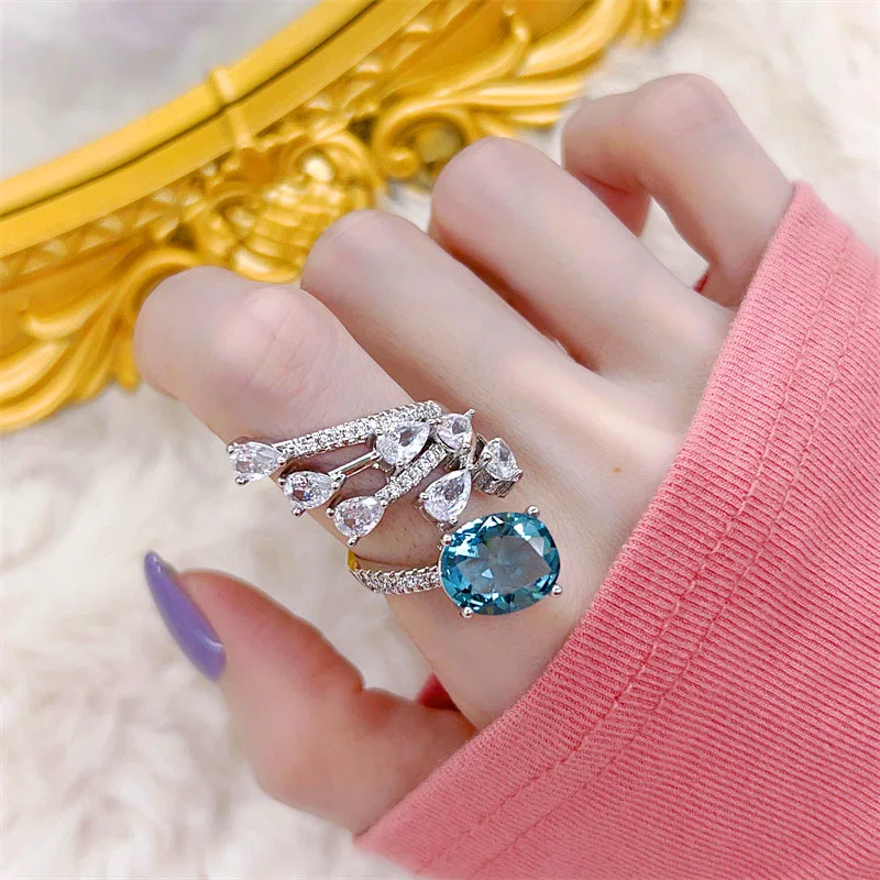 Женские кольца с камнями, летние кольца небесно-голубого цвета с изменяемым размером