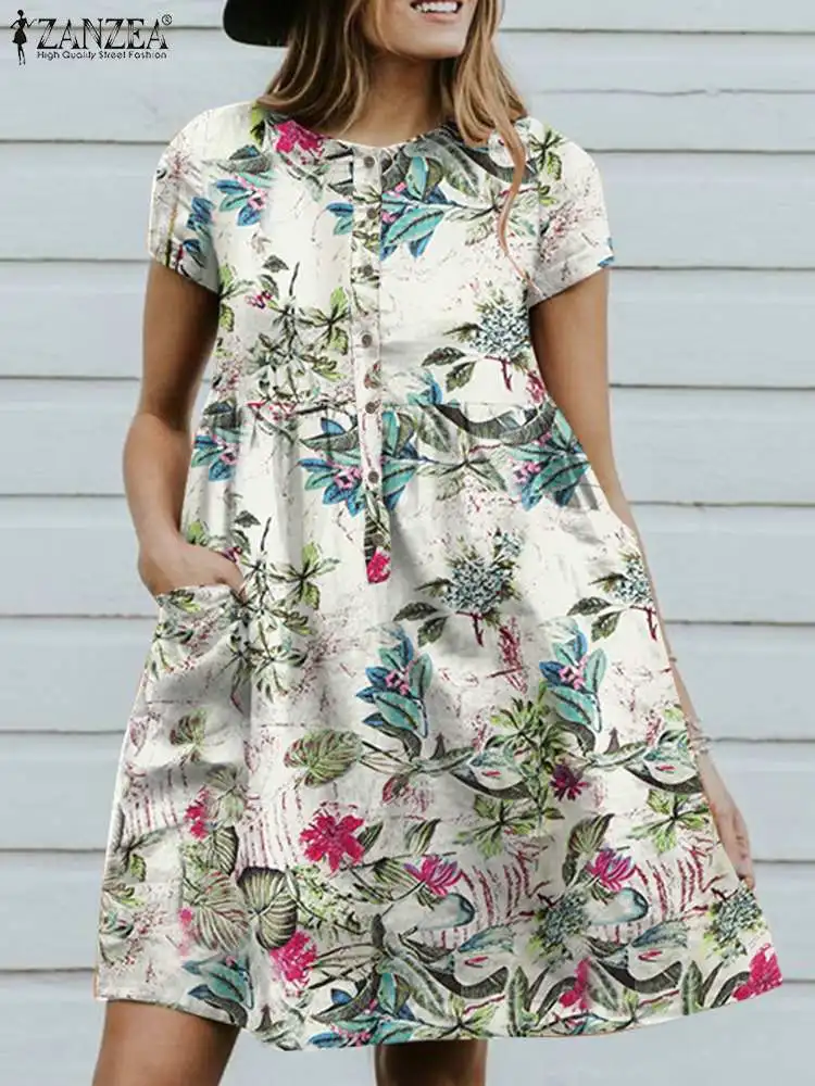 

ZANZEA Summer Floral Beach Dress Women Vintage Short Sleeve Printed Sundress Bohemian Holiday Knee-length Vestidos Robe Femme