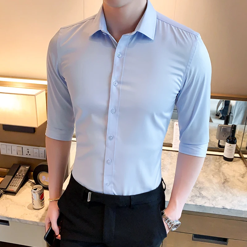 

Men 3/4 Short Sleeve Shirt 2022 Summer New Streetwear High-quality Solid Color Casual Fashion Slim-fit Mens Clothing Tops Shirts