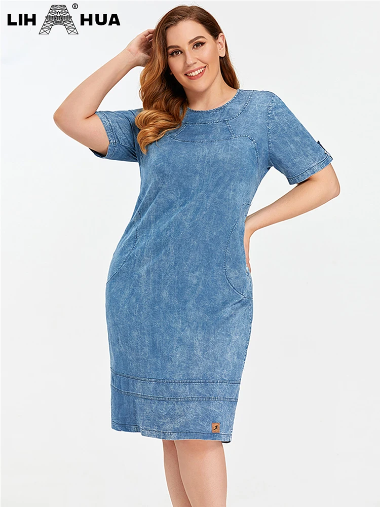 LIH HUA Women's Plus Size Denim Dress Summer Chic Elegant Dresses For Chubby Women Round Neck Woven Cotton  Dress