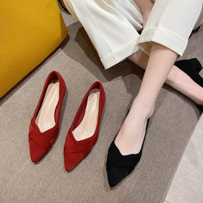 Elegant Office Ladies Shoes Women Flats Spring Summer Woman Boat Shoes Flat Pointed toe Black Red Big Size 41