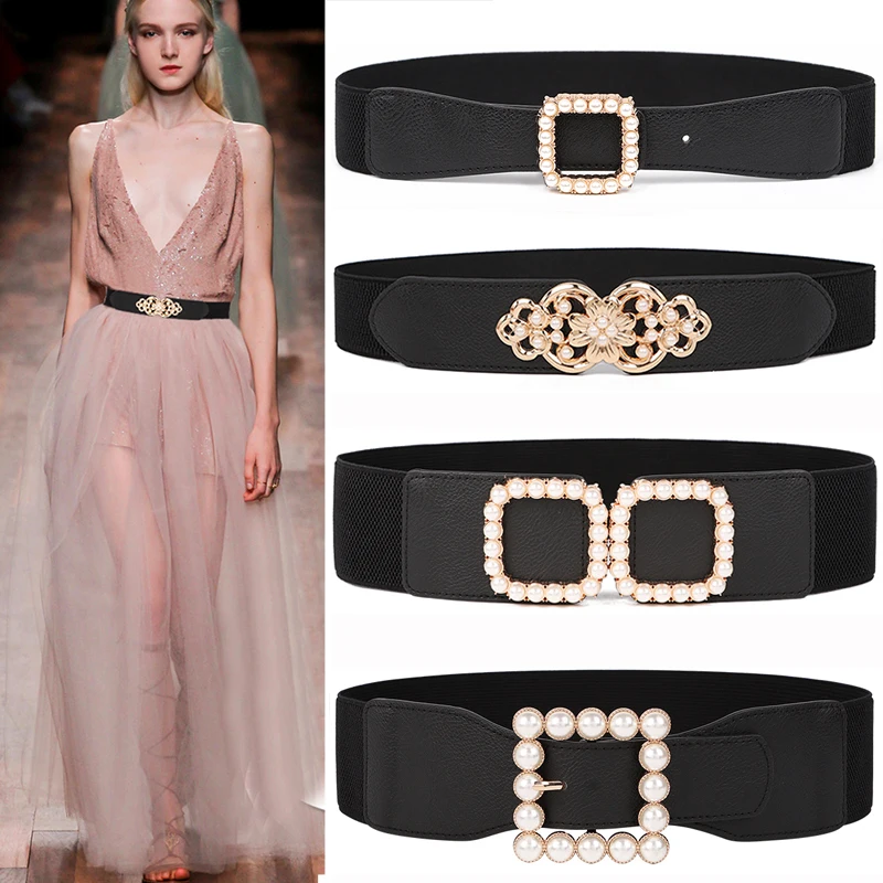

NEW Elastic Wide Belt Stretch Pearl Alloy Gold Square Buckle Cummerband Lady Party Black Waistbands For Dress Waist Seal Women