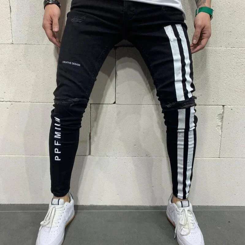 

2022 Stretch Ripped Pants Streetwear Men's Black Ripped Jeans Slim Fit Blue Hip Hop Denim Trousers Jeans Jogging Jean Homme