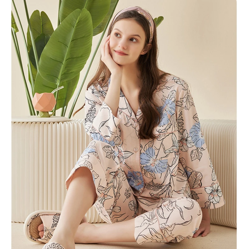 Spring New Women's Pajamas Modal Cotton Floral Print Sleepwear Little Fresh Style Women's Home Nightwear Fashion Women's Suit