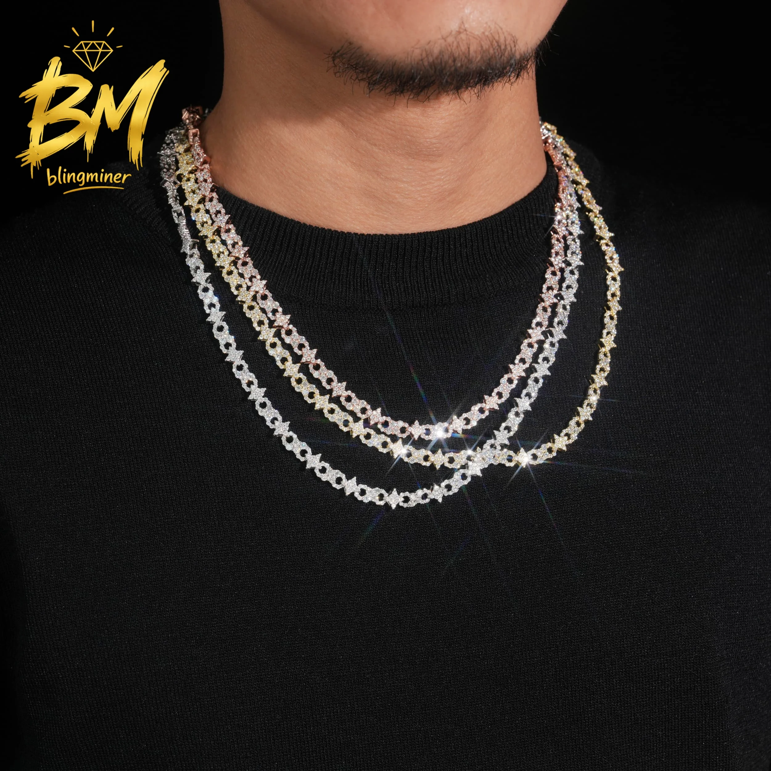 Фото Цепочка Blingminer Star Infinity Links VVS Moissanite Stars Cuban Link Chain Iced Out для мужчин, серебро S925, проходит проверку на подлинность бриллиантов №1