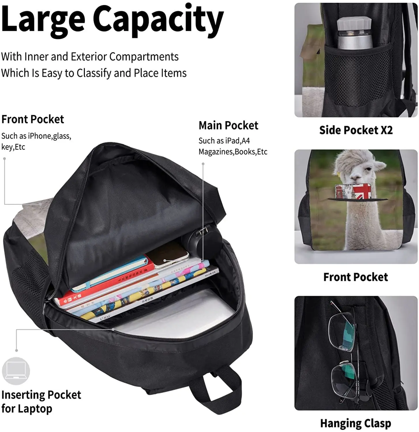 Kids School Backpack Vicuna Schoolbag Travel Bag Casual Daypack Lunch Bag Pencil Case for Boys Teens Girls 3pcs Sets