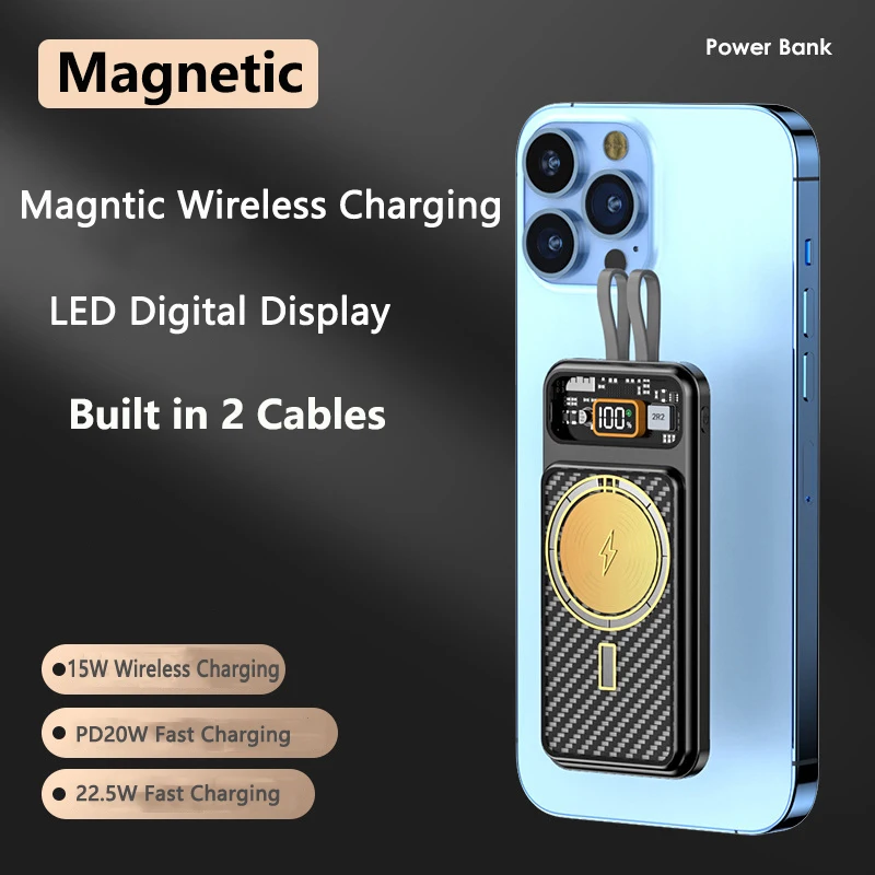 

20000mAh Magnetic Wireless Charger Power Bank Built in Cable PD22.5W Fast Charging for iPhone 14 Huawei Xiaomi Samsung Powerbank