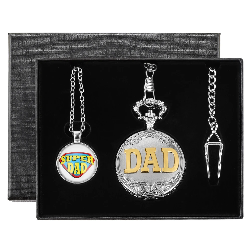 Meaningful Father's Day Gift Exquisite Silver Quartz Pocket Watch Set Gift Box Pendant Super Dad Necklace Waist Chain Clock Gift