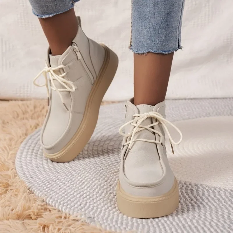 

2023 Suede Leather Brown Boots Women Camel Calfskin Nubuck Lace Up Med Block Heel Femail Shoes Winter Autumn