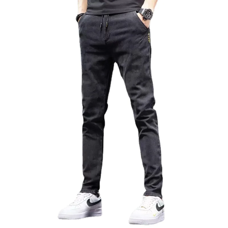 Men's Elastic Waist Black Jeans Casual Slim Fit Pencil Pants Fashion Korean Style Drawstring Denim Trousers CP2181