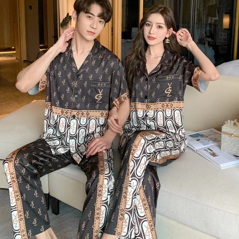 New Pajamas Couples Matching Summer Short-sleeved Printing Sleepwear Loose and Casual Home Suit Loungewear with Turn-over Collar