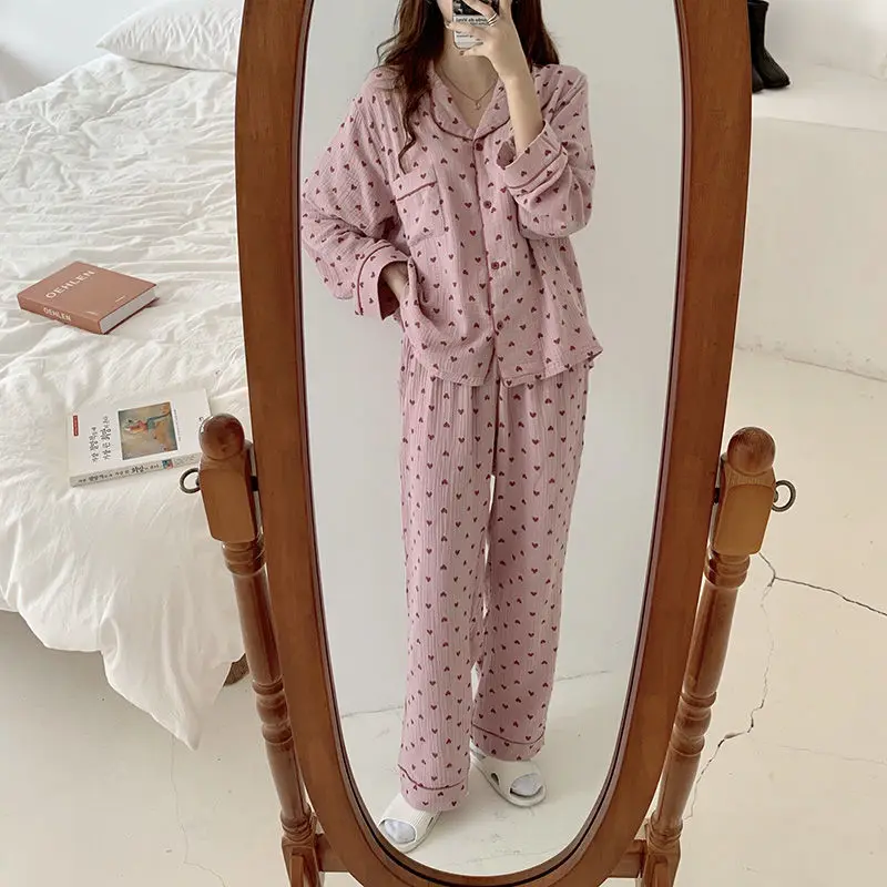 QWEEK Cotton Sleepwear Korean Pajamas Women Autumn Cute Heart Print Pyjamas Long Sleeve Pijama Female Set Negligee Cardigan Suit