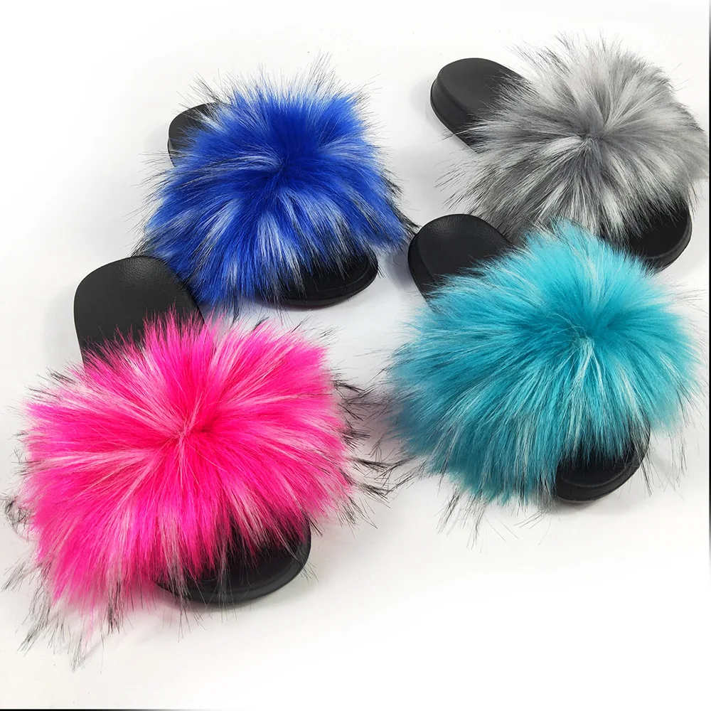 

Hot Summer Women faux Fox Fur Slippers Fur Slides Female Indoor Flip Flops Casual Raccoon Fur Sandals Furry Fluffy Plush Shoes