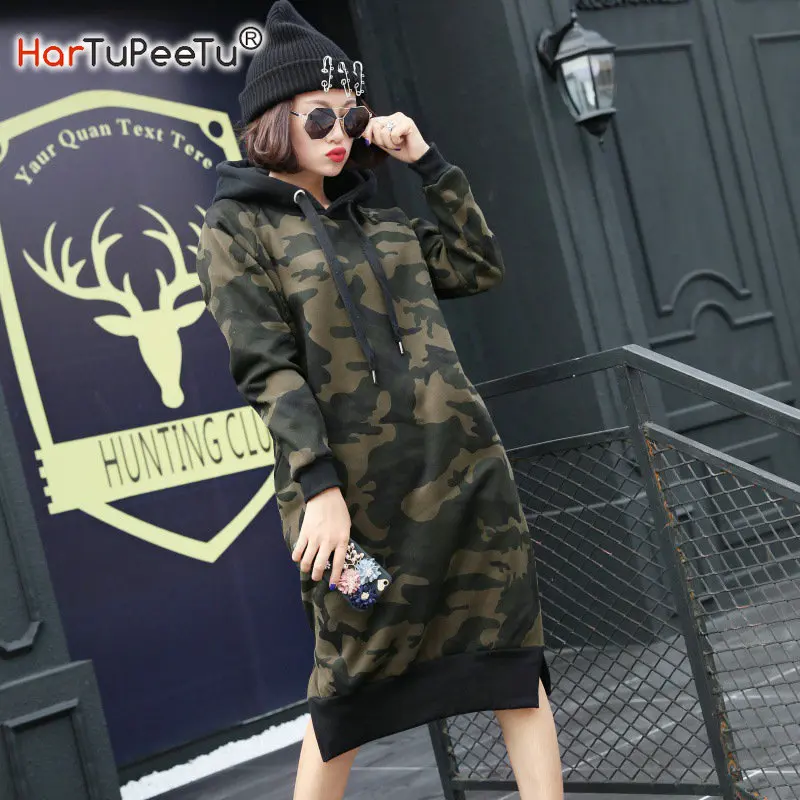 

Women Camouflage Hooded Dress Autumn Street Long Hoodies Sweatshirt Female Basic Split Winter Warm Fleece Pullvers Loose Vestido