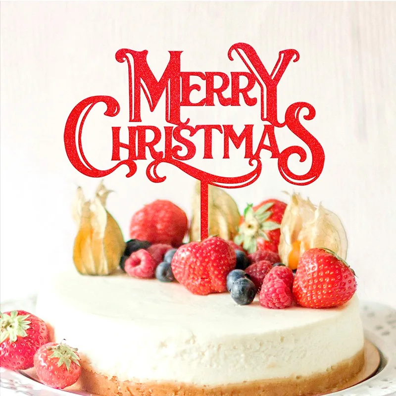 

5pcs Cake Decorating Supplies Superior Quality Acrylic Glitter Red Merry Christmas Cake Toppers for Happy New Year Cupcake Sign