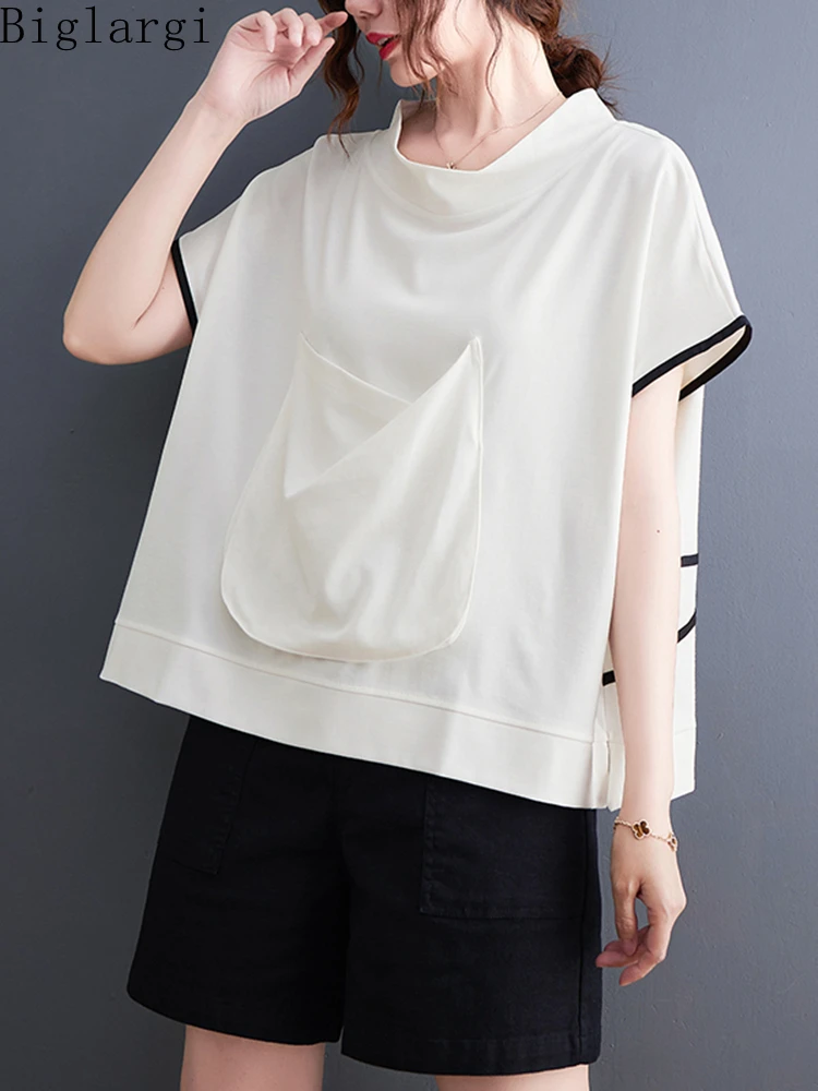 

Oversized New Big Pocket Patchwork Loose T Shirt Women Summer Casual T-Shirt Korean Ladies Cotton Tshirts Chic Woman Tops 2022