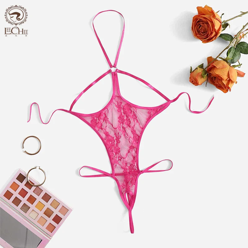 

Leechee кружевное сексуальное нижнее белье, женское прозрачное цельное нижнее белье с лямкой через шею, Женский ажурный бюстгальтер, розовый б...