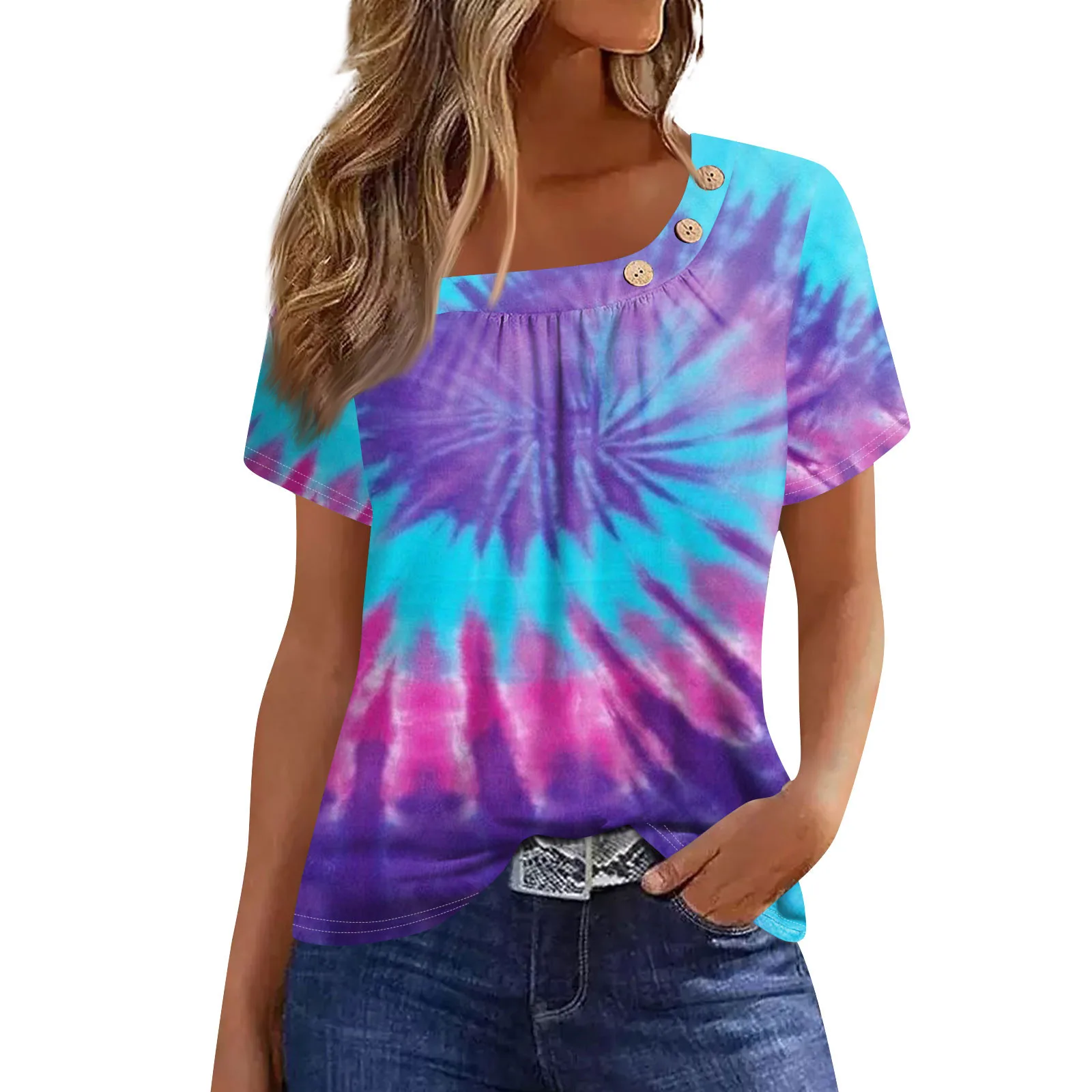 Женская футболка на пуговицах с принтом коротким рукавом