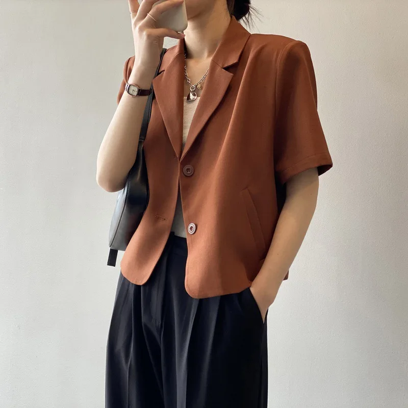 

Short Sleeve Blazer Coat Woman Summer 2023 Causal Thin Fashion Korean Blazers Loose Mini Tops New Solid Button Loose Jacket