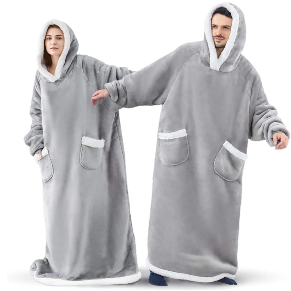 

Длинная зимняя толстовка с капюшоном, одеяло с рукавами, зимнее плюшевое флисовое переносное одеяло для дивана с капюшоном для взрослых, те...