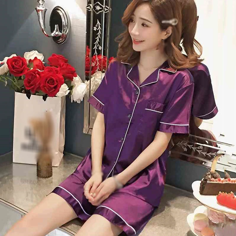 

Simple Two Piece Homewear For Women Summer Short Sleeve Loungewear Pajama Nightwear Casual Lapel Collar Shirt With Shorts