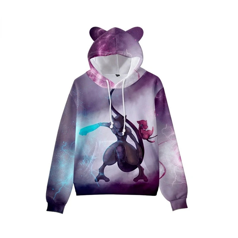 

New Anime Peripheral Pokemon Pikachu Cat Ears Hooded Adult Sweatshirt 3D Printed Clothes Christmas Birthday Gift