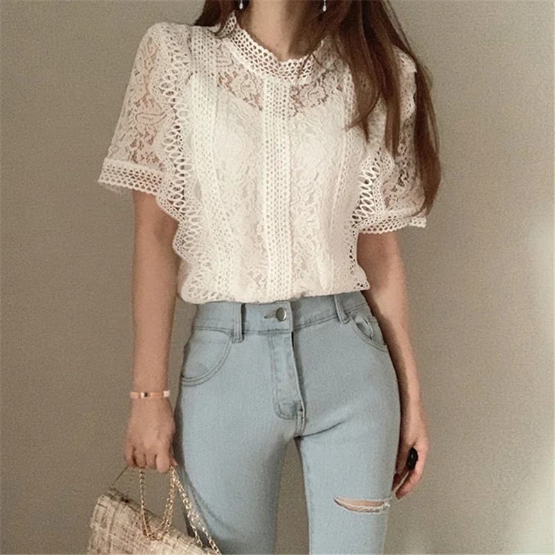 

summer 5XL Big White Blouse Women basic short sleeve lace Tops black Hollow out womens tops and blouses Ruffles Shirt Female