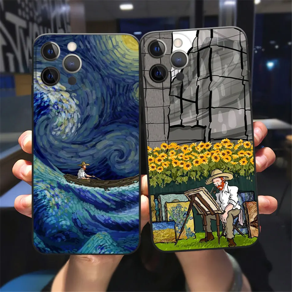 

Art Van Gogh Starry Sunflower Phone Case For iPhone 11 12 13 Pro Max XR XSMAX X 6s 8 7Plus 13Mini Black Soft Bumper Back Cover