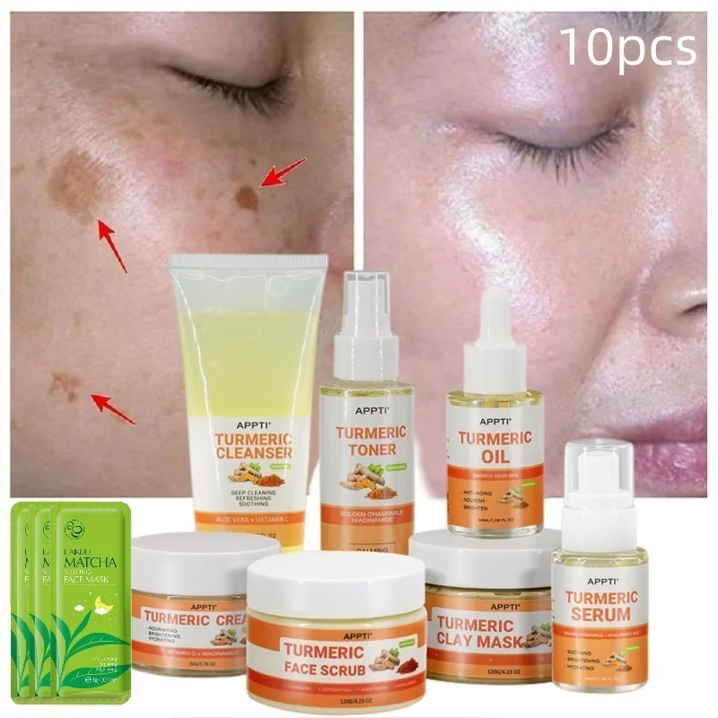 10PCS Turmeric Freckle Skin Care Set Acne Mark Remove Dark Spot Corrector Whiten Cream Brighten Face Serum Scrub Mask Cleanser