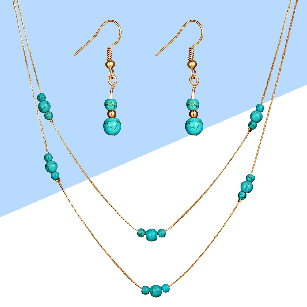 

Turquoise Earrings and Necklace Set Fashionable Double-layered Pendant Necklace Women