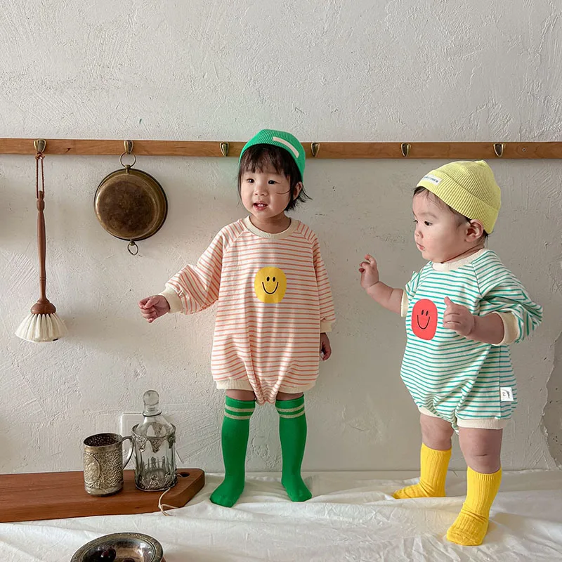 

MILANCEL 2022 Summer New Baby Bodysuit Cute Newborn Striped Smiley Long Sleeves One Piece Clothes