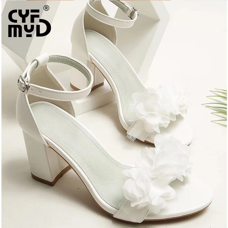 Block Heels for Women Sandals 2022 White Floral Summer Pumps Ankle Buckle Elegant Medium Heel Chunky Wedding Bridal Shoes