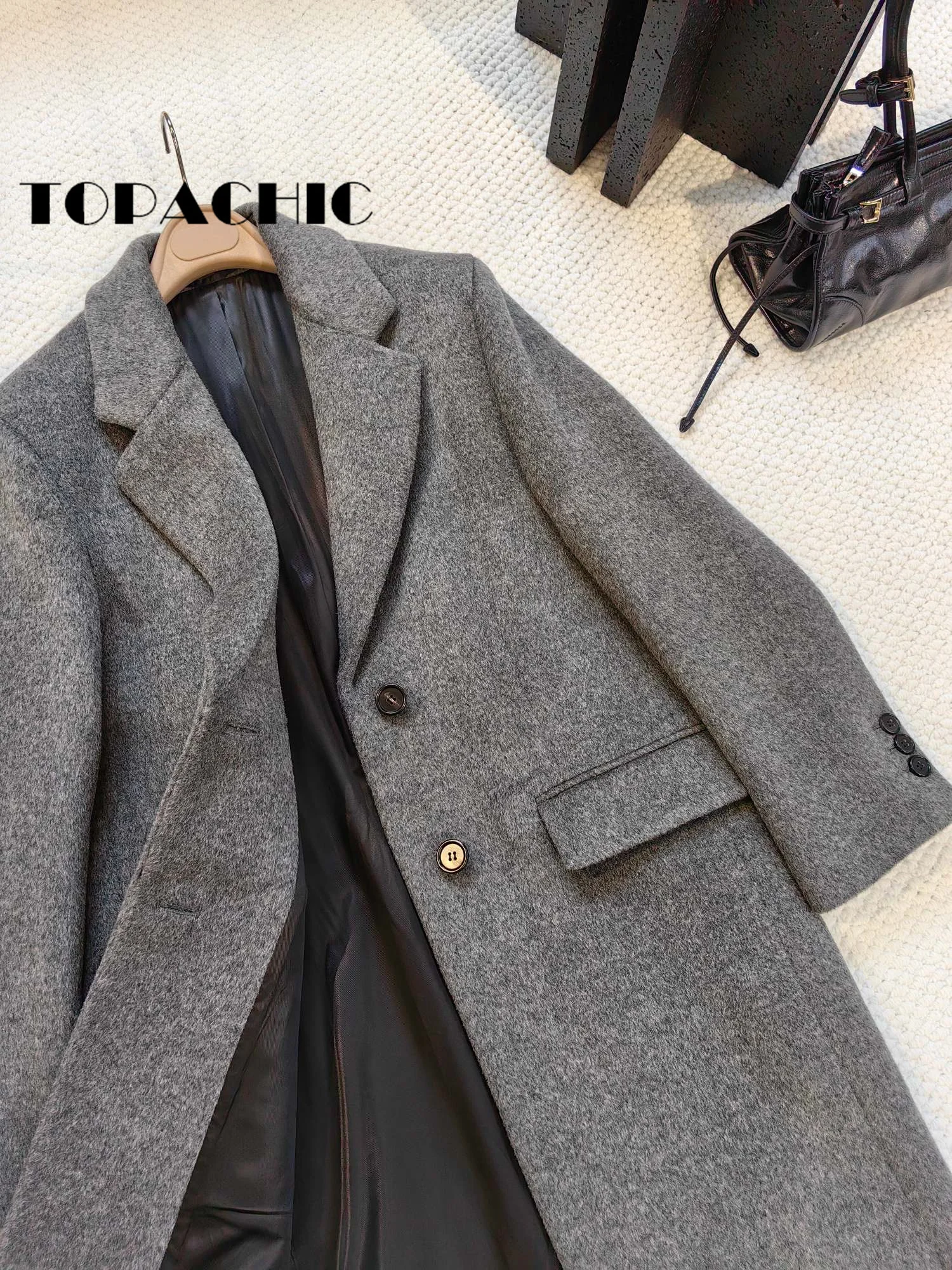 11.1 TOPACHIC High Quality Gray Color Mid-Length Lapel Single Breasted Pocket Thick Wool Coat For Women