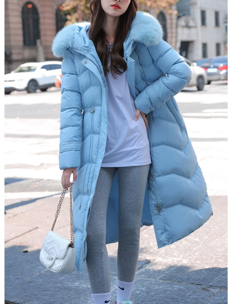 Women's Winter Fashion Fur Collar Cotton-Padded Long Jacket Female Chic Drawstring Zipper Up Outwear Blue Quilted Warm Overcoat