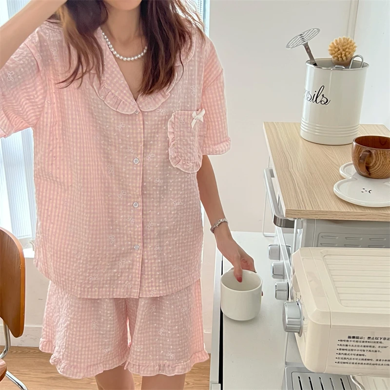 

Sweet Plaid Print Summer Pajamas Set Women Cotton Ruffles Short Sleeve Shirts + Shorts Suit Casaul Two Piece Home Suit Kawaii
