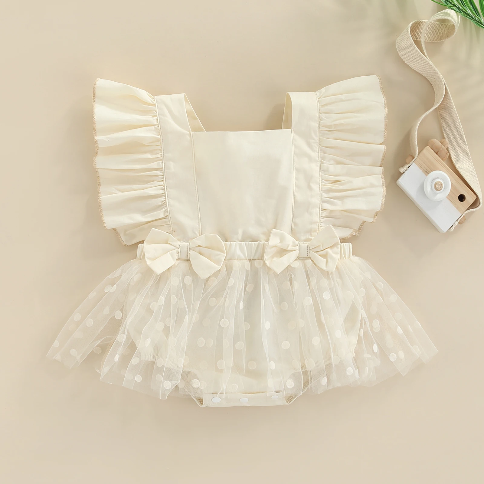 Baby Girl's Romper Flying Sleeve Bow Knot Decoration Round Dot Embellished Mesh |
