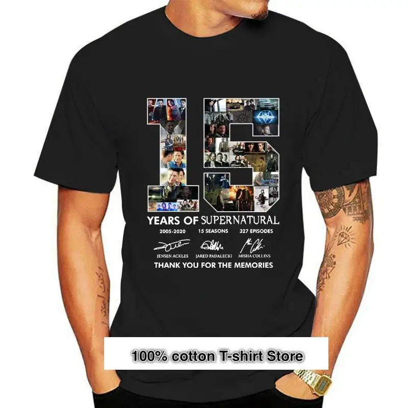 

Camiseta Supernatural de 15 años para hombres, camisa negra de aniversario, Dean Sam Castiel, firmas