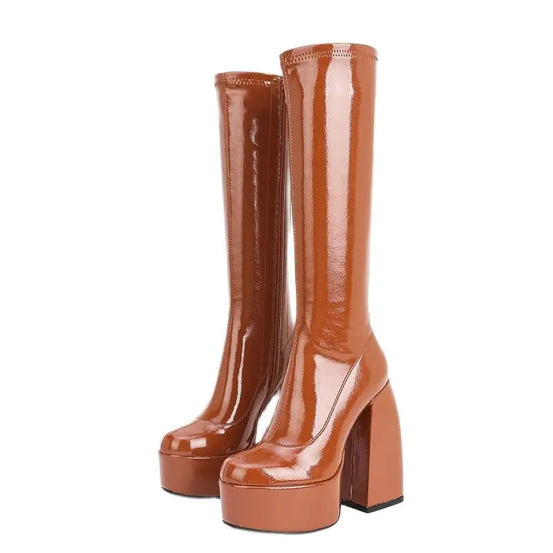 

2022 Autumn And Winter Women's Boots Round Head Waterproof Platform Punk Boots Sexy High Heel Black Brown Knee High Boots Size40