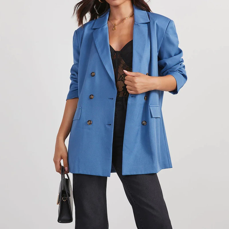 

Новый осенний однотонный блейзер с длинным рукавом, Женский Повседневный двубортный пиджак с лацканами, модные простые универсальные приталенные куртки