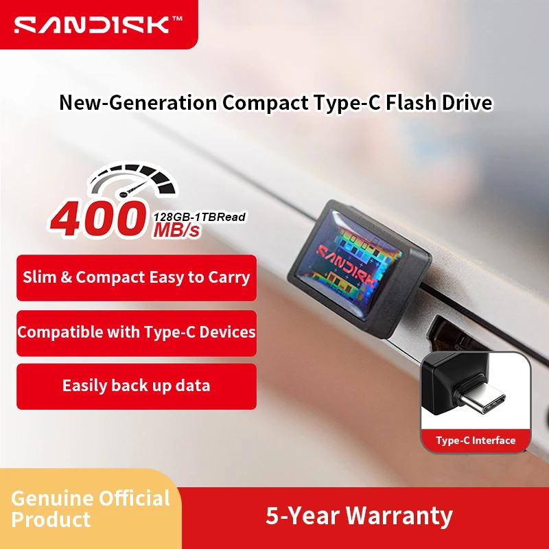 Фото Флеш-накопитель SanDisk Extreme Fit USB-C с скоростью чтения 400 МБ/с, USB 3.2 Gen 1 Ultra, объемом 64 ГБ, 128 ГБ, 256 ГБ, 512 ГБ, 1 ТБ №1