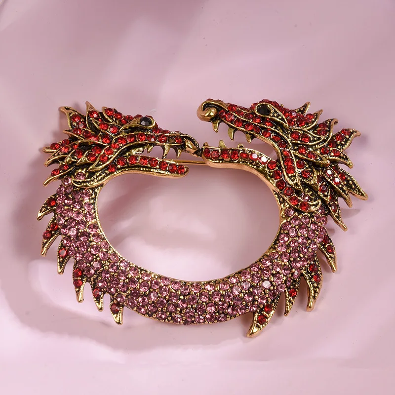 

New Medieval Retro Color Rhinestone Double-headed Dragon Brooch Personality Alloy Animal Pins Corsage Women Clothing Accessories