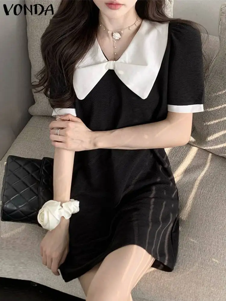 

VONDA женское сексуальное мини-платье 2023 летний женский пляжный сарафан с коротким рукавом с отворотом Повседневный свободный цветной лоскутный богемный халат для женщин