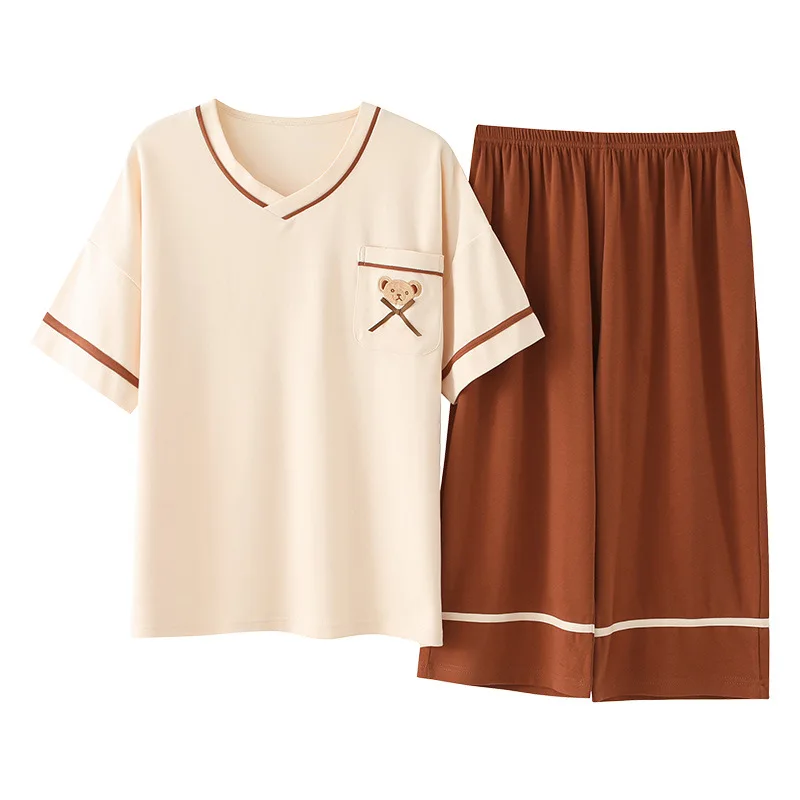 Pajamas Women's Summer Cotton Plus Size Short-sleeved Cropped Pants Cute Home Service Suit with Round Neck Comfortable Sleepwear