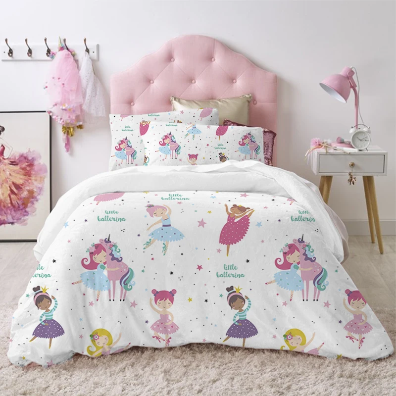 

Bedding Set Twin Size Microfiber Cartoon Unicorn Swan Ballet Girl Print Duvet Cover With Pillowcases Modern Lovely Princess Kids