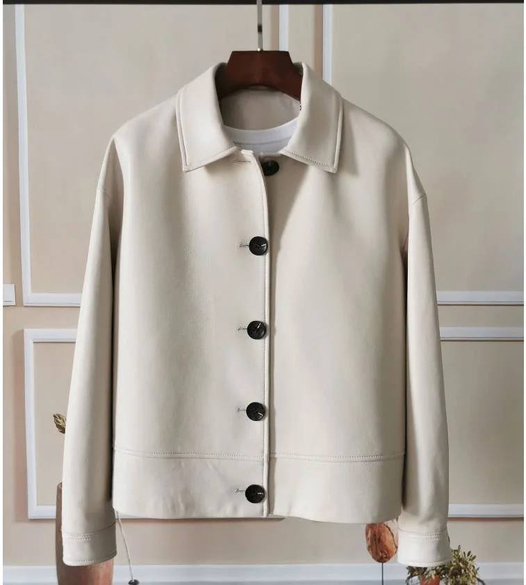 brand new Free fashion shipping.2023 women genuine leather jacket.quality white soft thin sheepskin coat.loose style.dropship